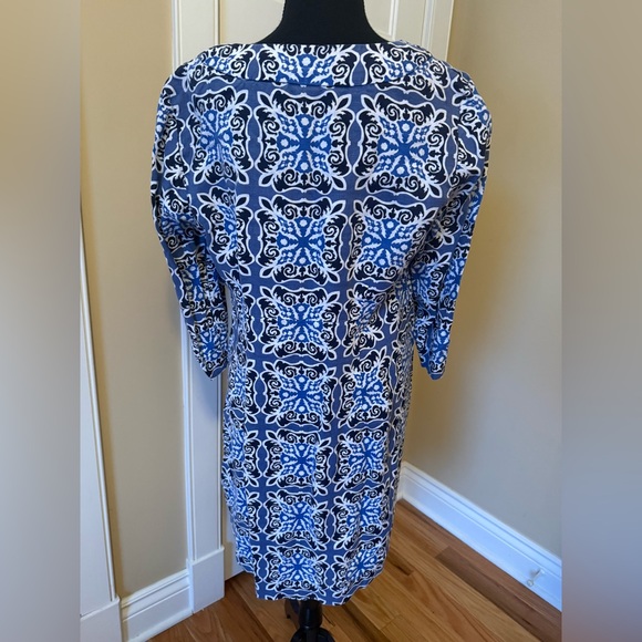 Boden 100% Linen Shift Dress Blue White Geometric Print 3/4 Sleeve Womens Sz 12R - Picture 3 of 13